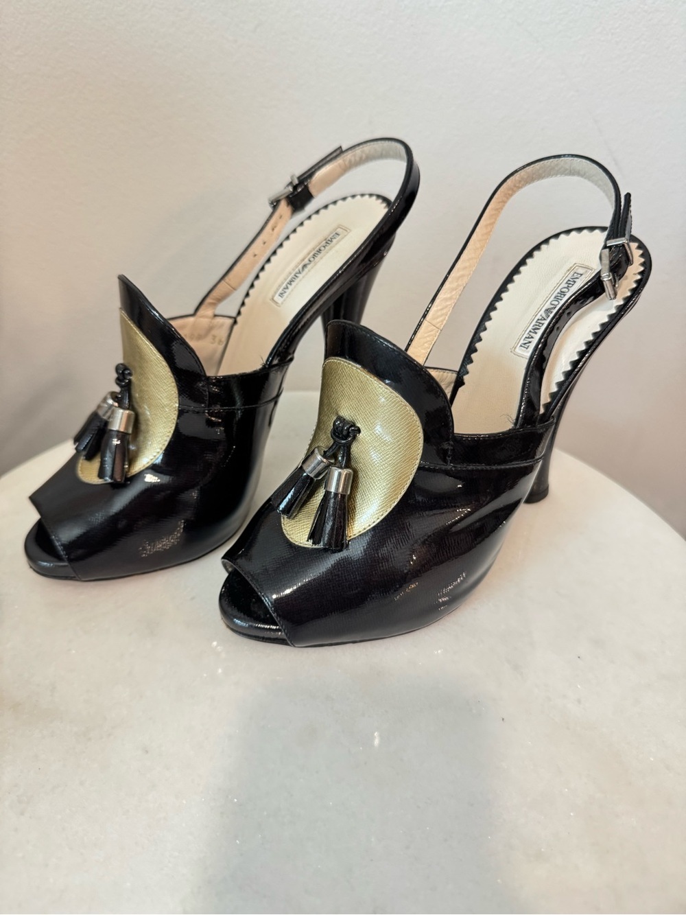 Emporio Armani Black Patent Peep-Toe Slingback Heels with Gold Accent Sz 36
